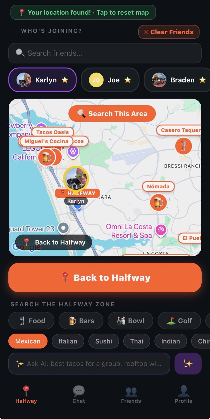 Halfway map with friends and AI search